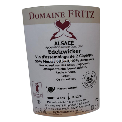 Vin Blanc sec Edelzwicker Domaine Fritz 2021 France Alsace AOC