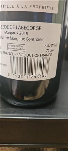 Vin Rouge sec Zédé de Labegorce 2019 France Bordeaux Margaux AOC