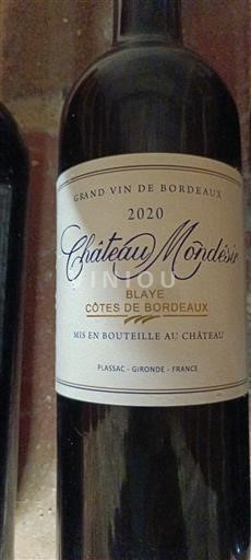 Wijnen Rouge sec Chateau Mondésir 2020 Frankrijk Bordeaux Blaye Côtes de Bordeaux AOC