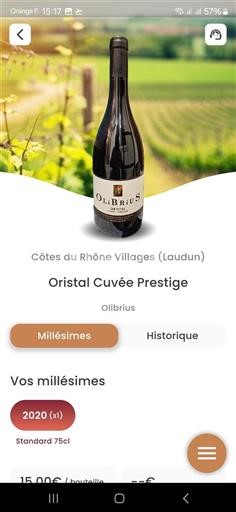 Vin Rouge sec Oristal Cuvée Prestige Olibrius 2020 France Vallée du Rhône Côtes-du-rhône-villages AOC