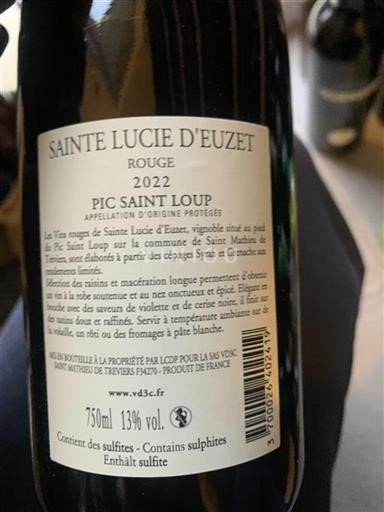 Languedoc Pic-Saint-Loup Sainte Lucie Euzet 2022