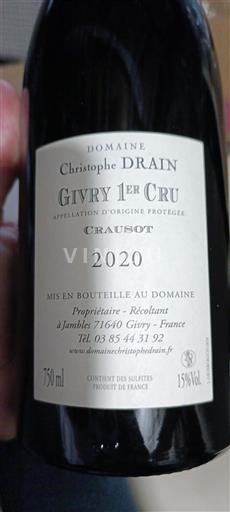 Bourgogne Premier Cru Christophe Drain Crasuot 2020