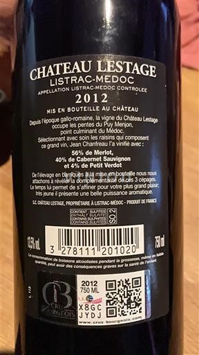 Burdeos Listrac-Médoc Cru Bourgeois Château Lestage 2012