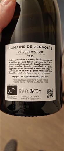 Languedoc ja Roussillon Côtes de Thongue Domaine L'envolée L'Audacieux 2023