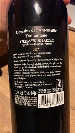 Languedoc Terrasses-du-larzac Domaine L'argenteille Tramontane 2017