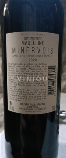 Vin Rouge sec Château Sainte Madeleine 2020 France Languedoc Minervois AOC