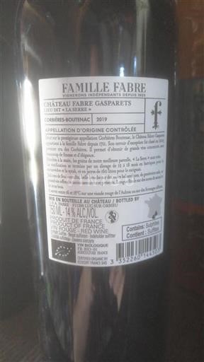 Languedoc Corbières-boutenac Grand Cru Château Fabre Gasparets Lieu Dit La Serre 2019