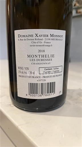 Vin Blanc sec Les Duresses Xavier Monnot 2018 France Bourgogne Monthélie AOC