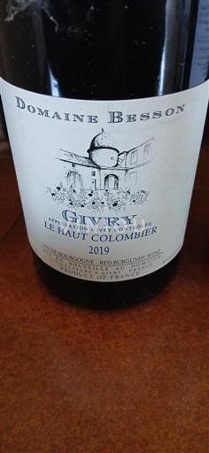 Vin Rouge sec Le Haut Colombier Domaine Besson 2019 France Bourgogne Givry AOC