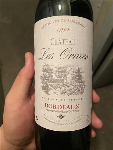 Vin Rouge sec Château Les Ormes 1998 France Bordeaux AOC