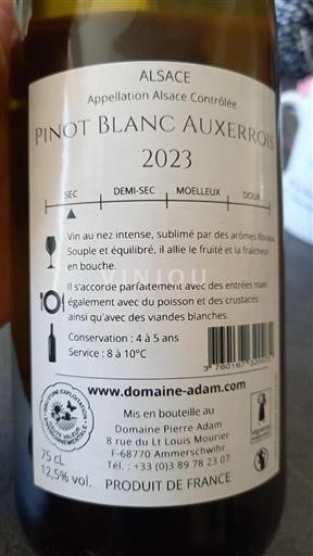 Vin Blanc sec Pinot Blanc Auxerrois Domaine Pierre Adam 2023 France Alsace Vin de France