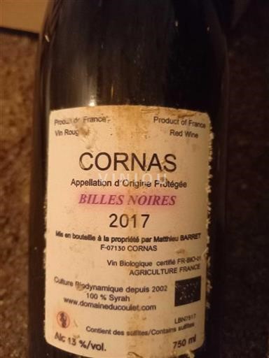 Rhônen laakso Cornas Domaine Coulet Billes Noires 2017
