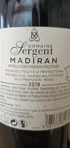 South West Madiran Domaine Sergent 2018