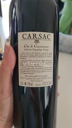 Vin Rouge sec Carsac 2019 France Languedoc et Roussillon Cité de Carcassonne IGP