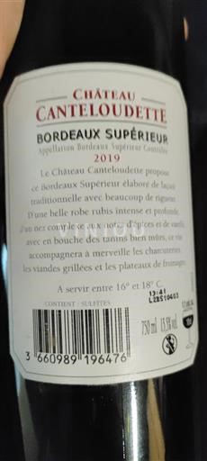 Bordeaux Bordeaux Supérieur Château Canteloudette 2019