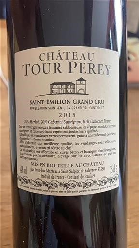 Bordeaux Saint-Émilion Grand Cru Château Tour Perey 2015