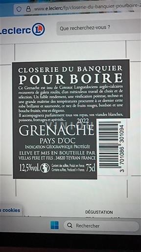 Languedoc og Roussillon Pays d'Oc Closerie Du Banquier Pourboire 2022