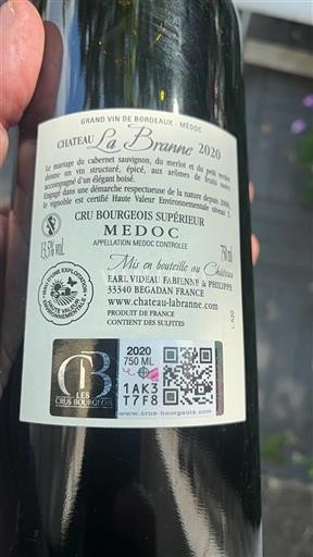 Burdeos Médoc Cru Bourgeois Supérieur Château La Branne 2020