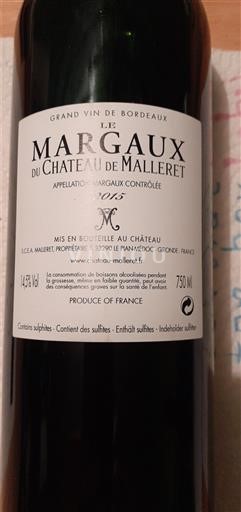 Bordeaux Margaux Château Malleret Margaux de Malleret 2015