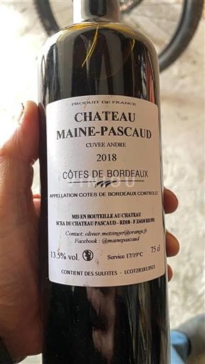 Bordeaux Côtes-de-Bordeaux Château Maine-Pascaud André 2018