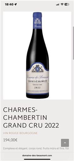 Bourgondië Charmes-chambertin Grand Cru Domaine Des Beaumont 2022
