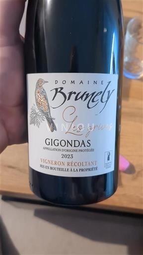 Vin Rouge sec Les Grives Domaine Brunely 2023 France Vallée du Rhône Gigondas AOC