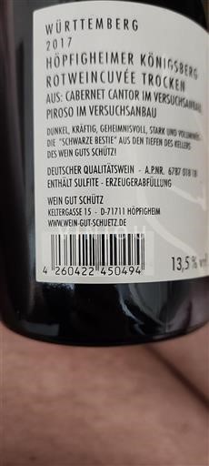 Württemberg Wein Gut Schütz Höpfigheimer Königsberg Rotwein Trocken 2017