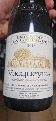 Vin Rouge sec La Garrigue 2018 France Vallée du Rhône Vacqueyras AOC