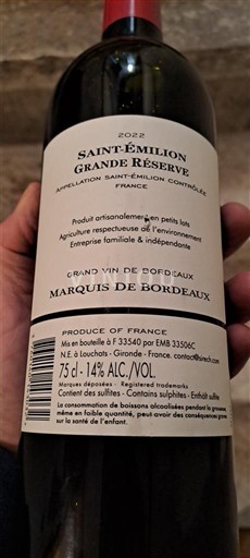 Bordeaux Saint-Émilion Marquis de Bordeaux Grande Réserve 2022