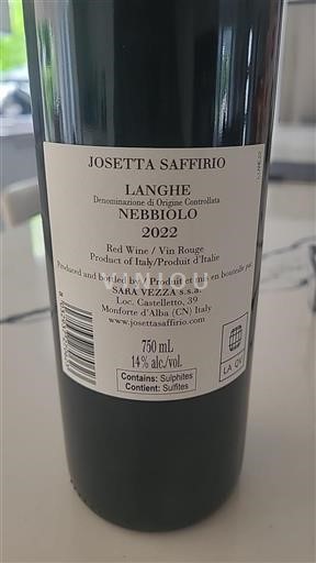 Piemonte Langhe Josetta Saffirio Nebbiolo 2022