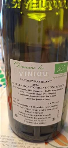 Vin Blanc sec Domaine Les Ondines 2023 France Vallée du Rhône Vacqueyras AOC