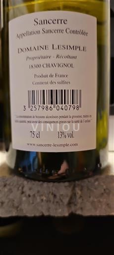 Loiredalen Sancerre Domaine Lesimple Icke årgångsbetecknad