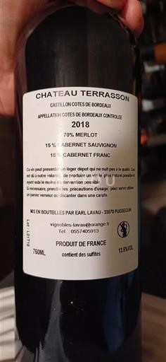 Bordeaux Castillon Côtes de Bordeaux Château Terrasson 2018