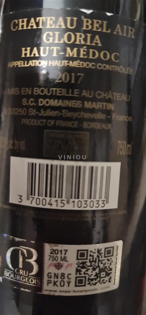 Burdeos Haut-Médoc Cru Bourgeois Château Bel Air Gloria 2017