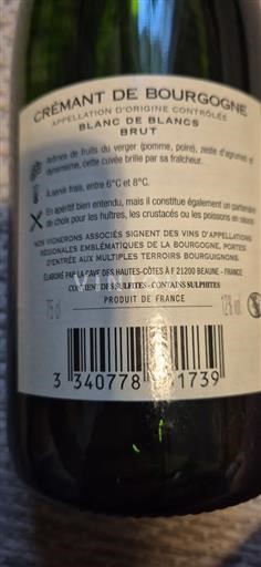 Vin Effervescent Blanc brut Blanc de Blancs Caves des Hautes Côtes Non millésimé France Bourgogne Crémant-de-bourgogne AOC