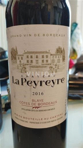 Vin Rouge sec Château La Peyreyre 2016 France Bordeaux Blaye-côtes-de-bordeaux AOC