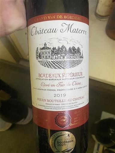 Bordéus Bordeaux Superior Château Materre Élevé en Fûts de Chêne 2019