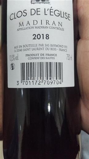 Lounais-Ranska Madiran Clos de l'Église 2018