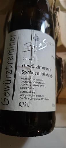 Palatinat Ni doloceno Weingut Baum-Storzum Gewürztraminer Spätlese feinherb 2018