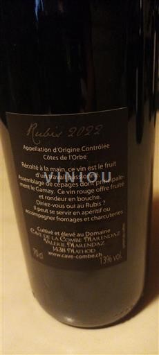 Vaud Côtes de l'Orbe DOC Cave de la Combe Marendaz Rubis 2022