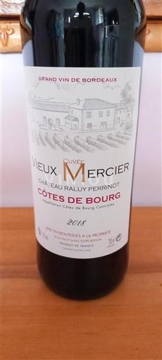 Vin Rouge sec Vieux Mercier Château Raluy Perrinot 2018 France Bordeaux Côtes-de-bourg AOC