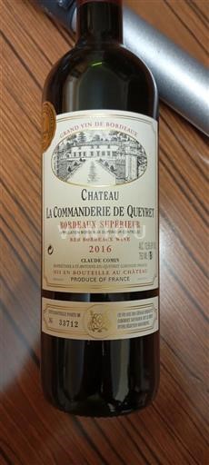 Vin Rouge sec Château La Commanderie de Queyret 2016 France Bordeaux Bordeaux supérieur AOC
