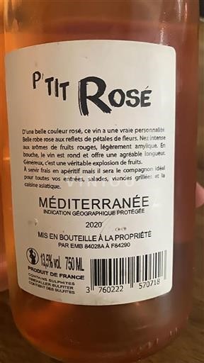 Vin Rosé sec P'tit Rosé 2020 France Provence, basse vallée du Rhône, Corse Méditerranée IGP
