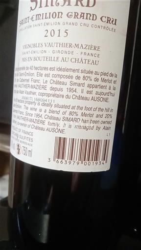 Bordeaux Saint-Émilion Grand Cru Grand Cru Château Simard 2015
