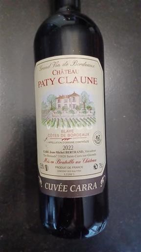 Vin Rouge sec Carra Château Paty Claune 2022 France Bordeaux Blaye-côtes-de-bordeaux AOC