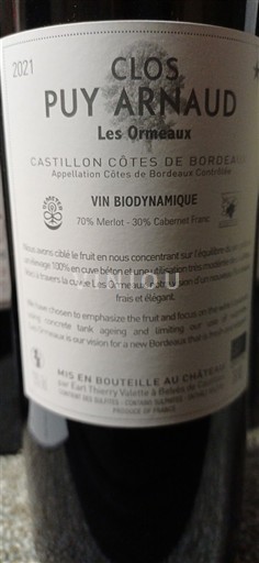 Bordeaux Castillon-côtes-de-bordeaux Clos Puy Arnaud Les Ormeaux 2021