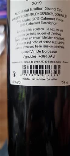 Bordeaux Saint-Émilion Grand Cru Grand Cru Vignobles Rollet SAS 2019