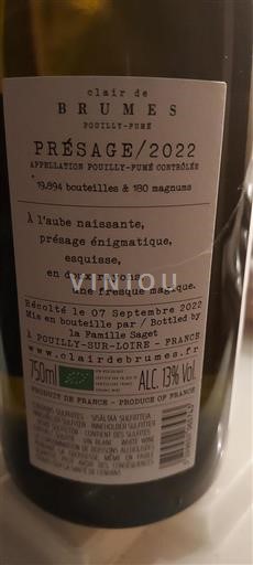 Údolí Loiry Pouilly-fumé Clair de Brume Présage 2022