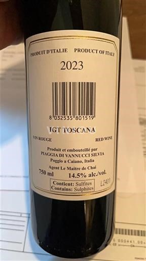 Vin Rouge sec Pietranera Piaggia Mauro Vannucci 2023 Italie Toscane Carmignano DOC