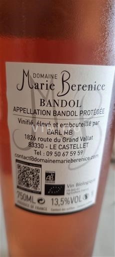 Vin Rosé sec Domaine Marie Bérénice 2024 France Provence Bandol AOC bio